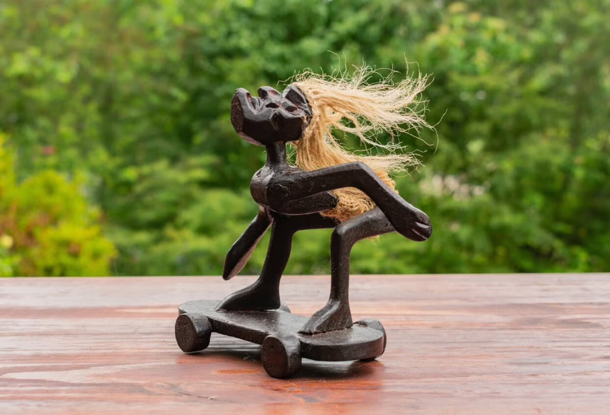 Handmade Wooden Skateboarding Statue Sculpture Tiki Bar Figurine O185