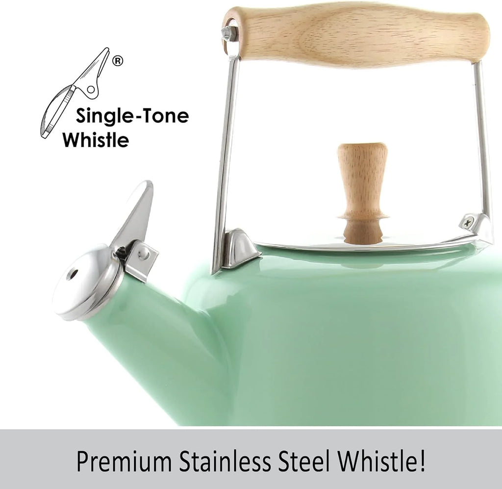 Enamel On Steel Whistling Teakettle with Wood Handle, 1.4 Quarts H86681