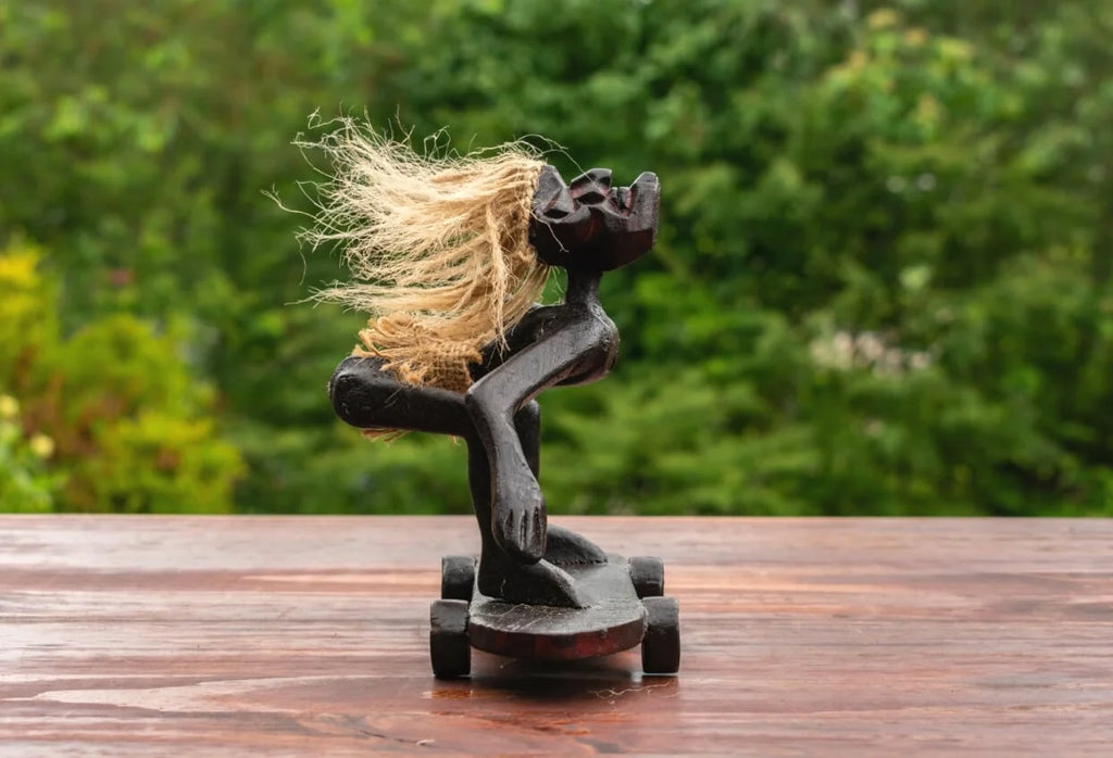 Handmade Wooden Skateboarding Statue Sculpture Tiki Bar Figurine O185