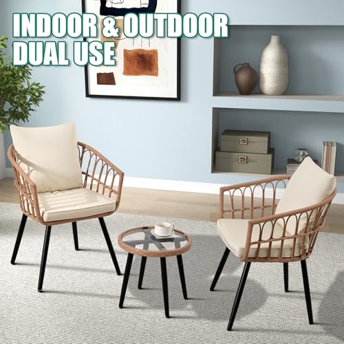 Beige 3 Piece Outdoor Wicker Bistro Set with Cushions G796092