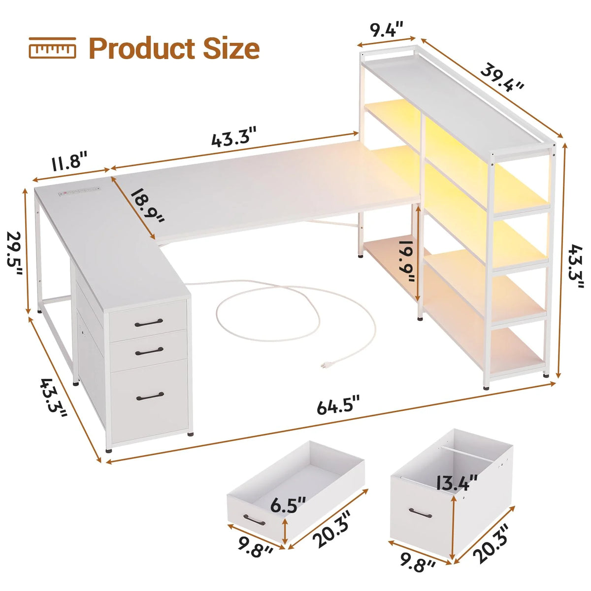 White L Shaped Computer Desk with Power Outlet and Storage Shelves S9948