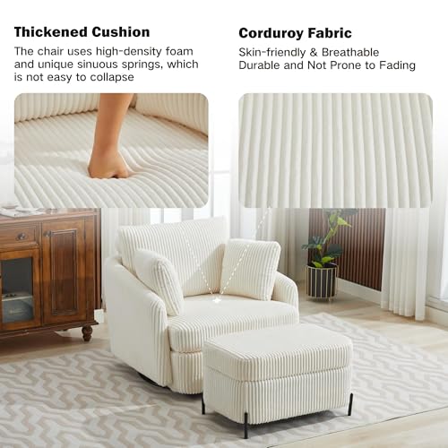 Oversized Swivel Accent Chair with Ottoman, Corduroy, Gray K654