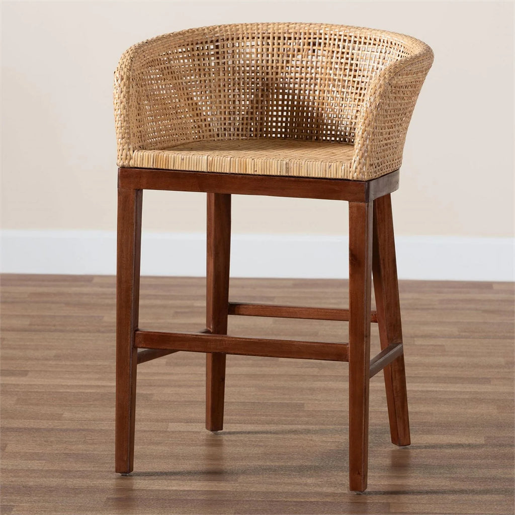 Natural Rattan and Walnut Brown Acacia Wood Counter Stool J40121