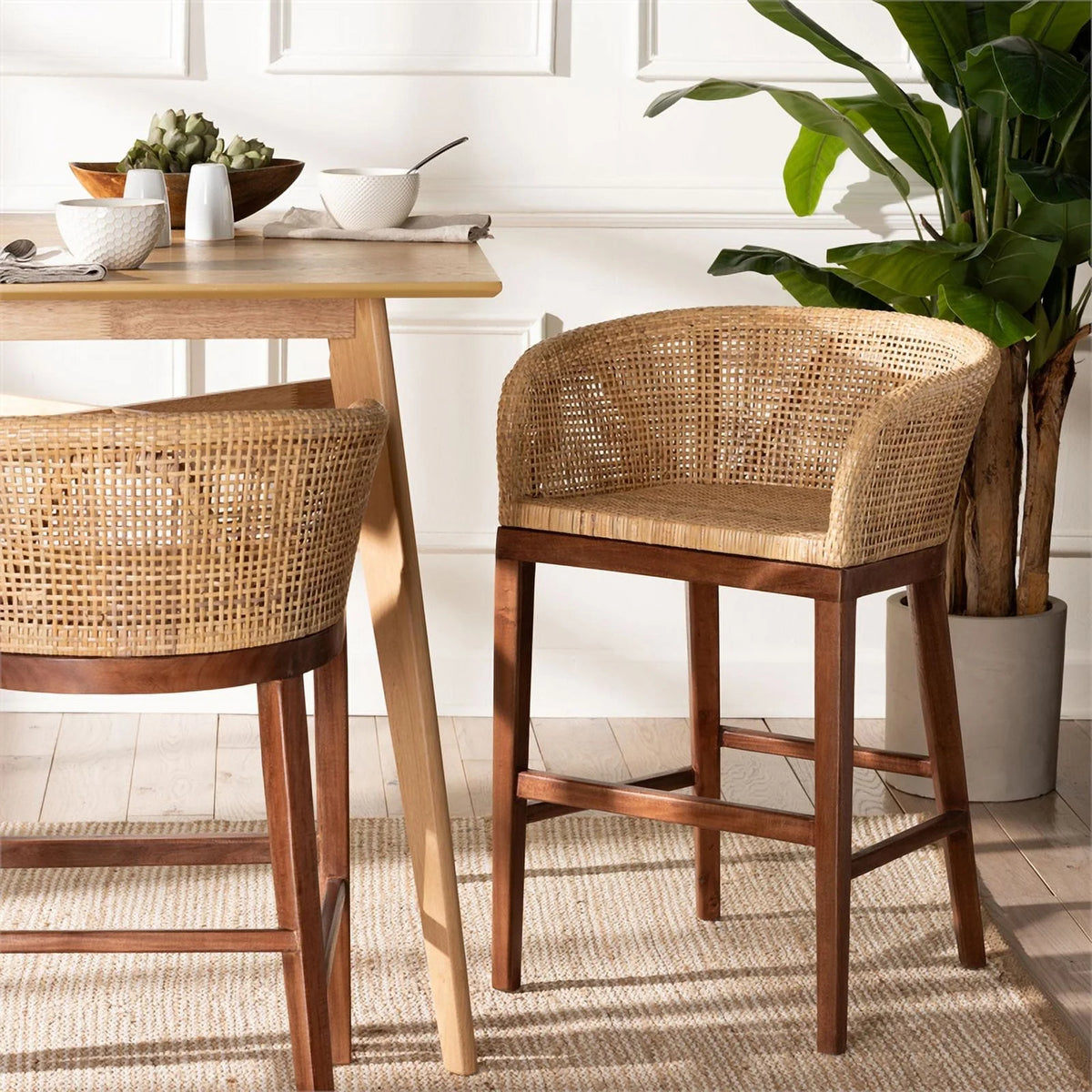 Natural Rattan and Walnut Brown Acacia Wood Counter Stool J40121