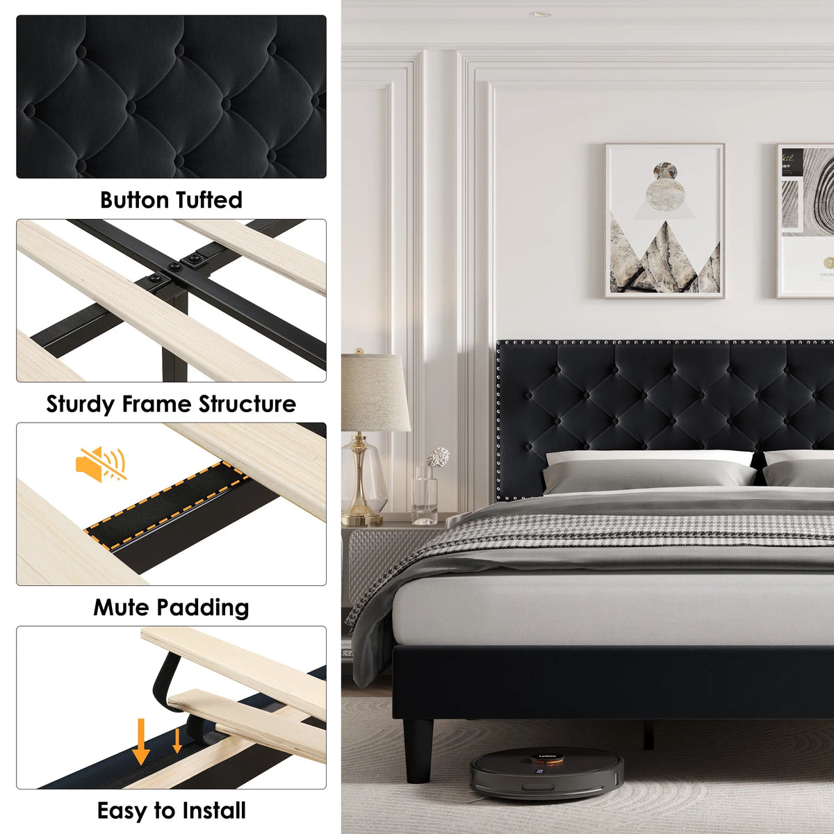 King Size Upholstered Platform Bed with Adjustable Headboard K354019