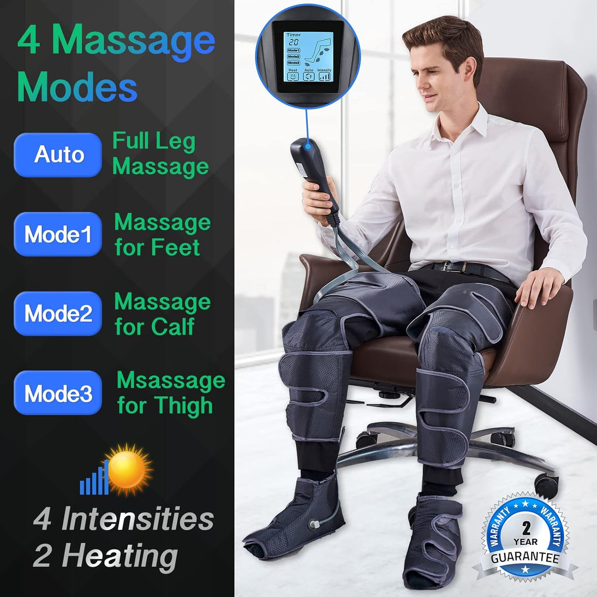 Leg Massager with Air Compression, 2 Heat Levels, 4 Modes 4 Intensities Q27790