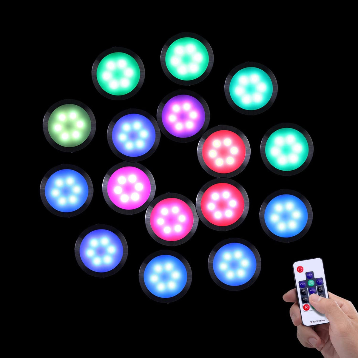 16 Pack Linkable Dimmable RGB Under Cabinet Puck Lights Kit with Remote Control T2521