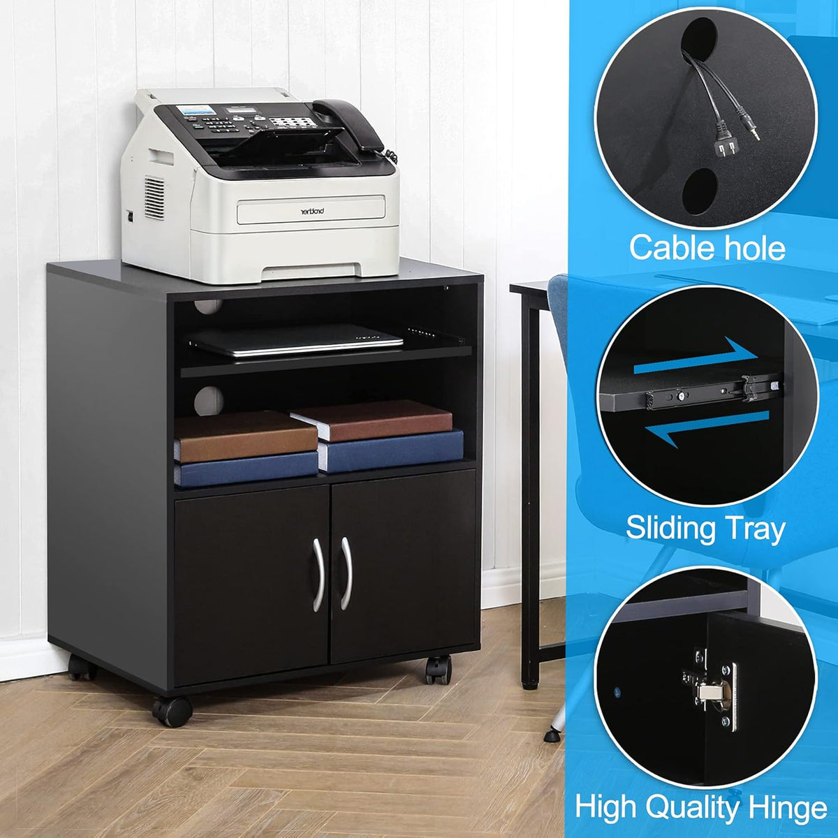 Black Mobile File Cabinet with Keyboard Tray and Doors on Wheels J686