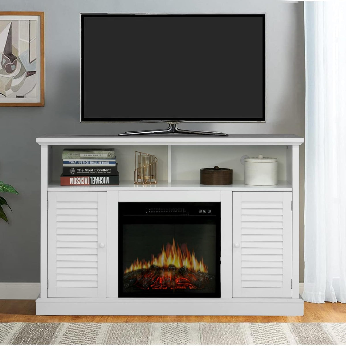 Black Fireplace TV Stand with Insert Fireplace and Adjustable Shelves T5889