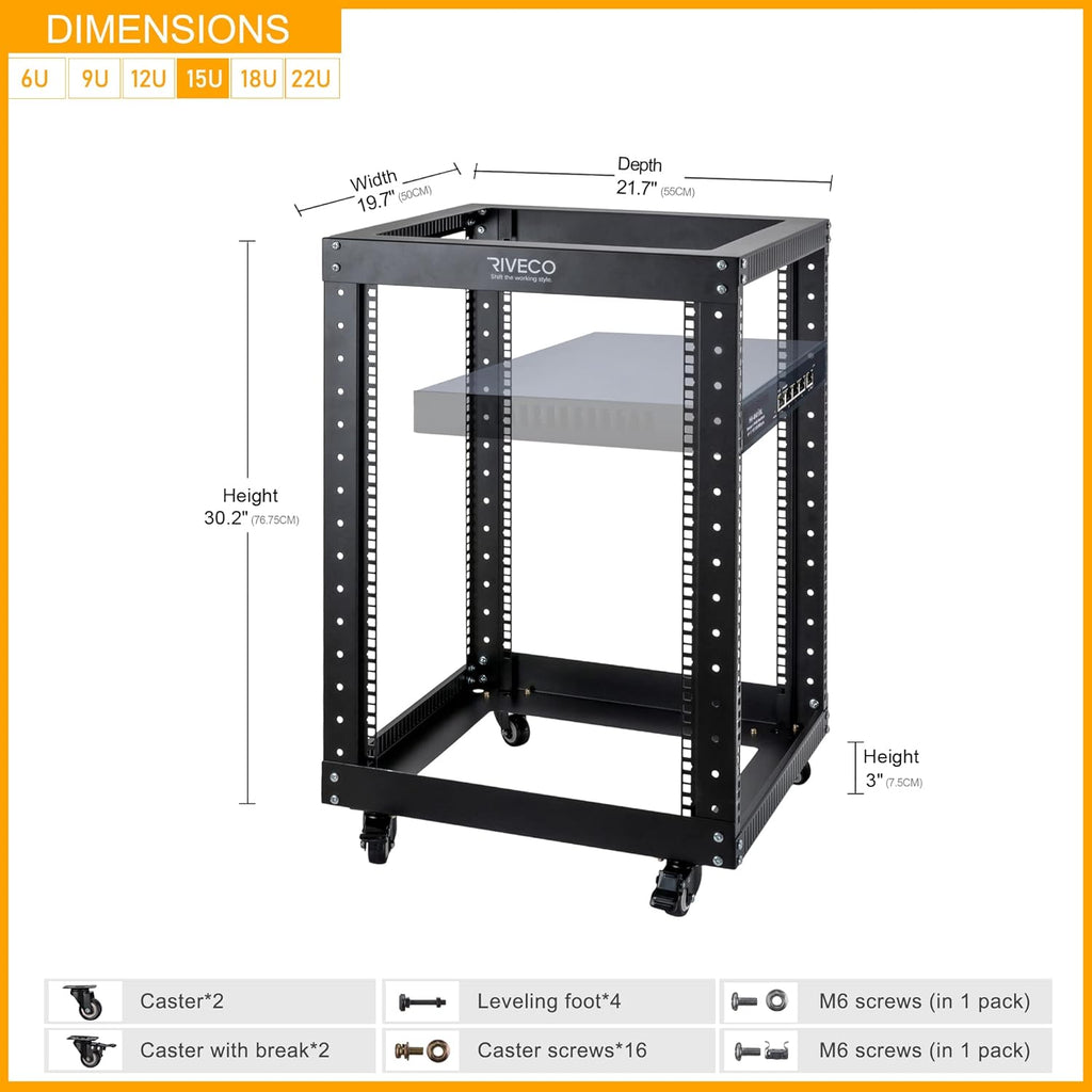 12U Open Frame Server Rack with Casters Black H17036