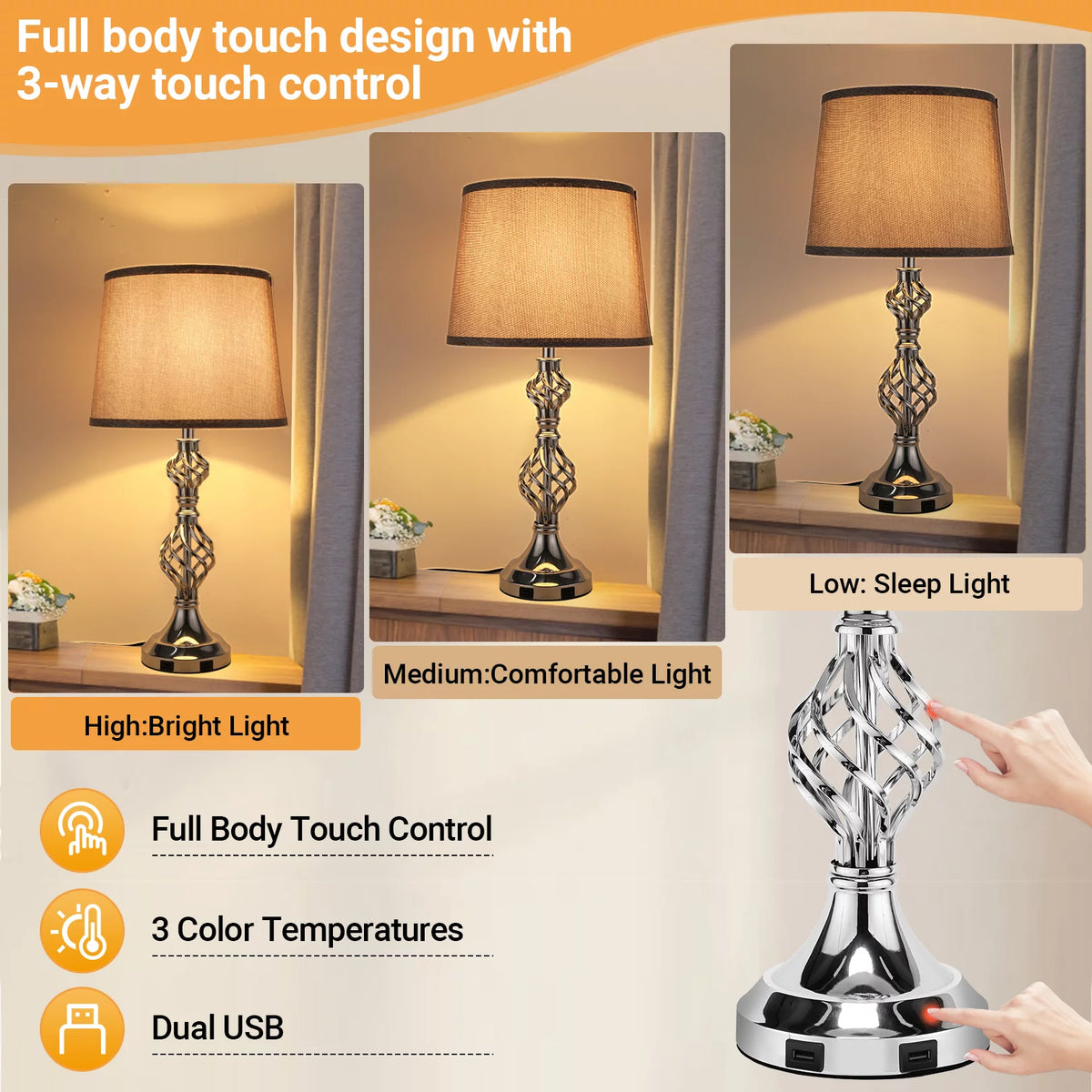 Gray Set of 2 Touch Control Dimmable Table Lamps G88071