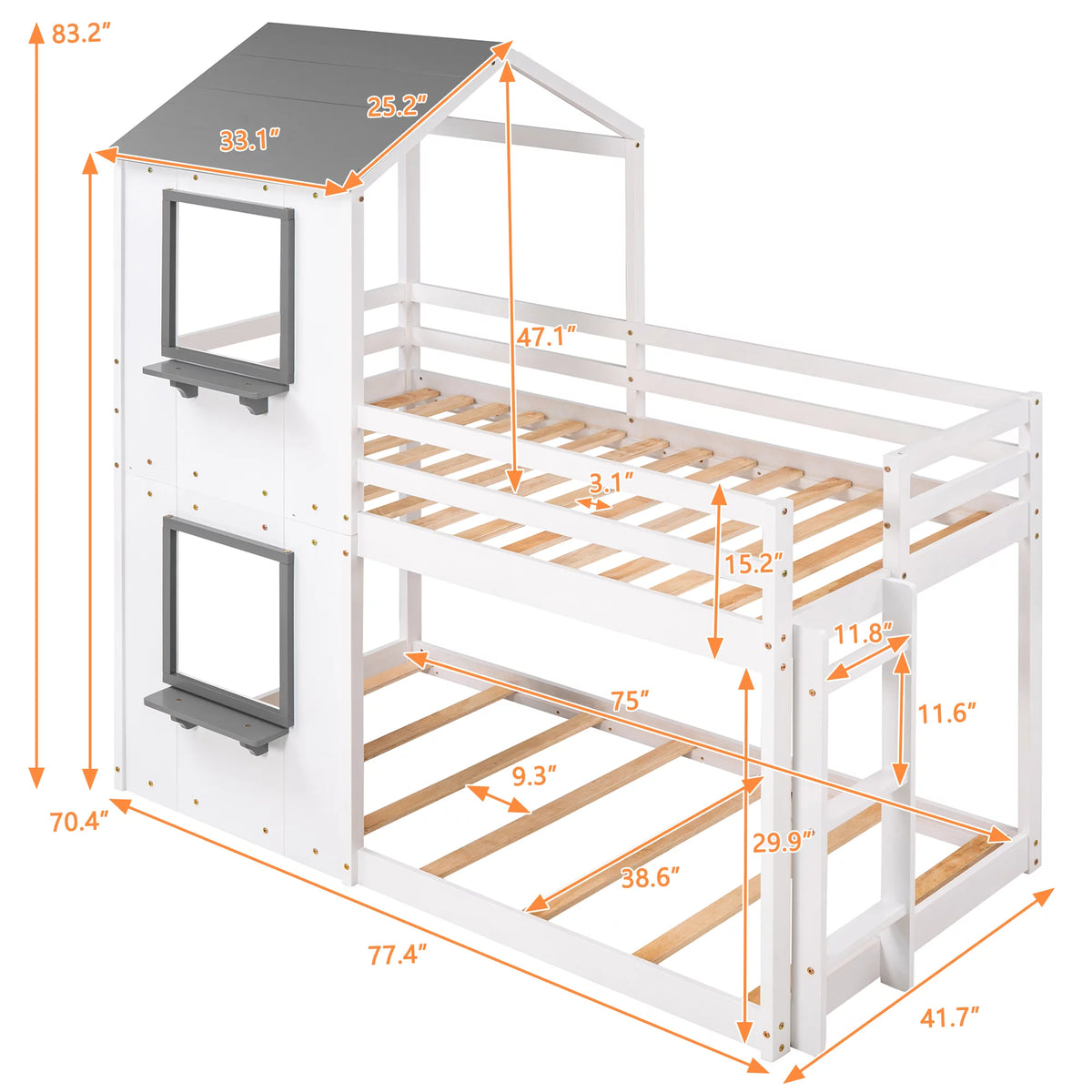 Wood Twin Over Twin Bunk Bed with Roof and Ladder T380311