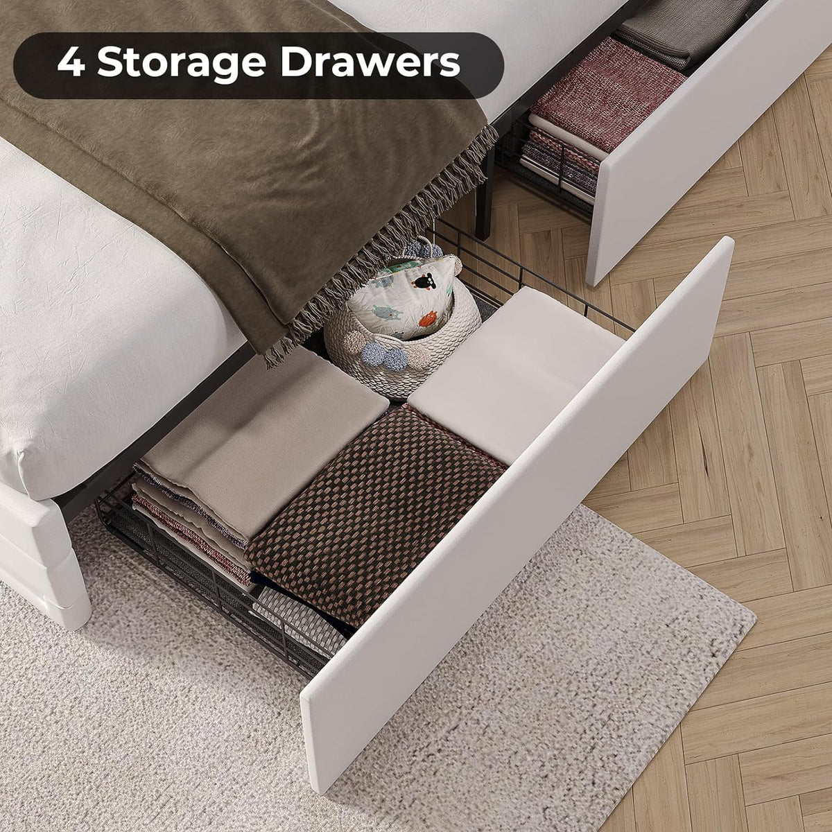 King Bed Frame with Storage Drawers, LED Lights, USB Port, White U83988