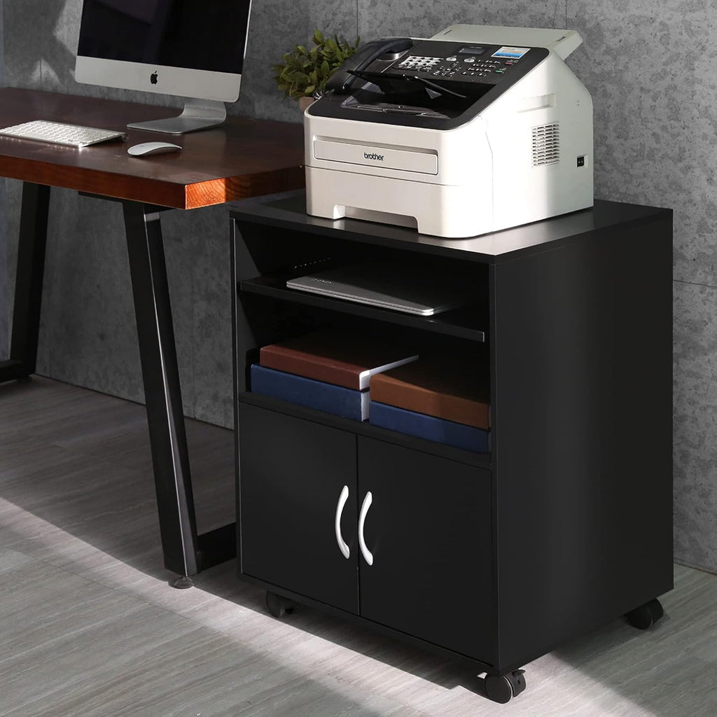 Black Mobile File Cabinet with Keyboard Tray and Doors on Wheels J686