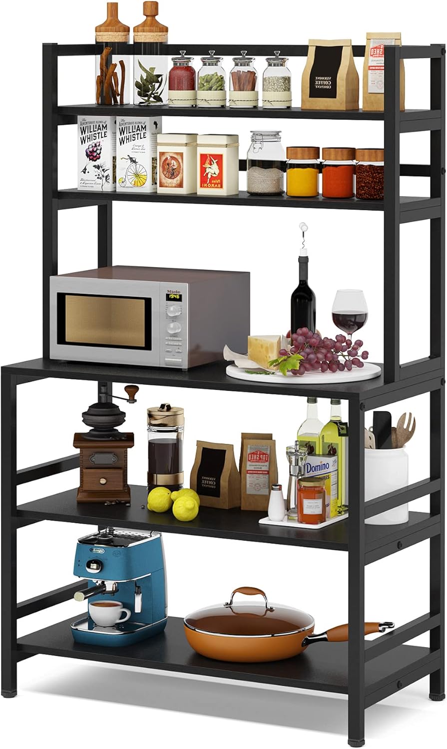 5-Tier Kitchen Bakers Rack with Hutch, Industrial Microwave Oven Stand, Free Standing Kitchen Utility Cart Storage Shelf Organizer (Rustic Brown) A44822