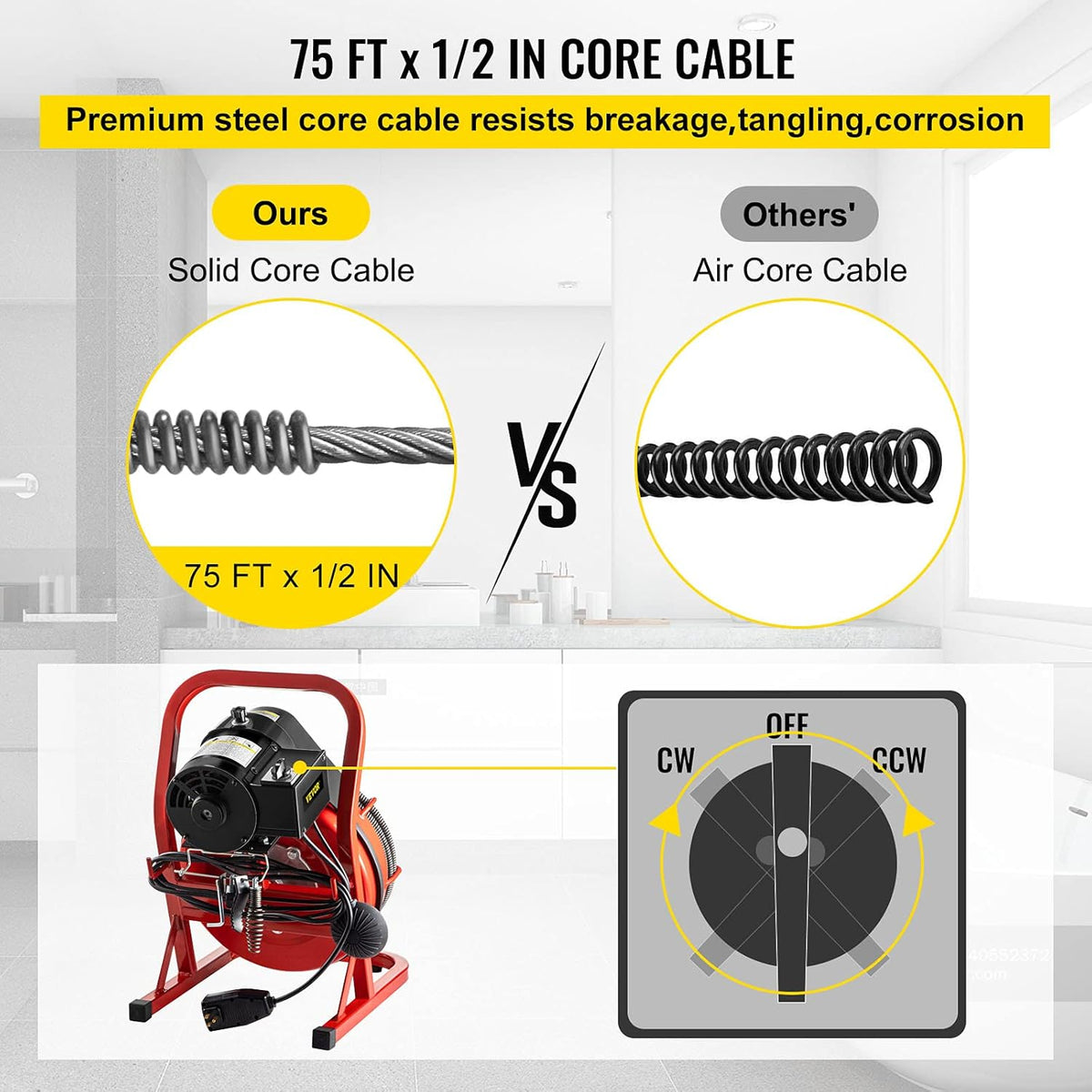 75Ft x 1/2Inch 370W Electric Drain Auger Cleaner with 8 Cutters U463440