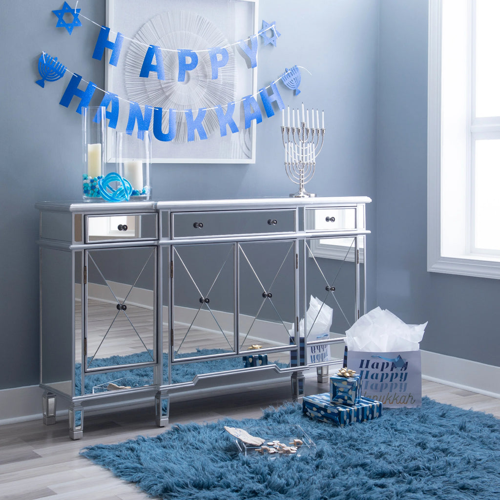 4-Door 3-Drawer Long Console Table with Shelves, Mirrored Surfaces, Silver Wood F497