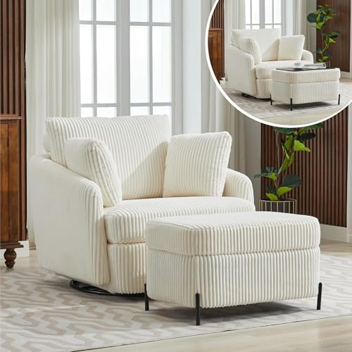 Oversized Swivel Accent Chair with Ottoman, Corduroy, Gray K654