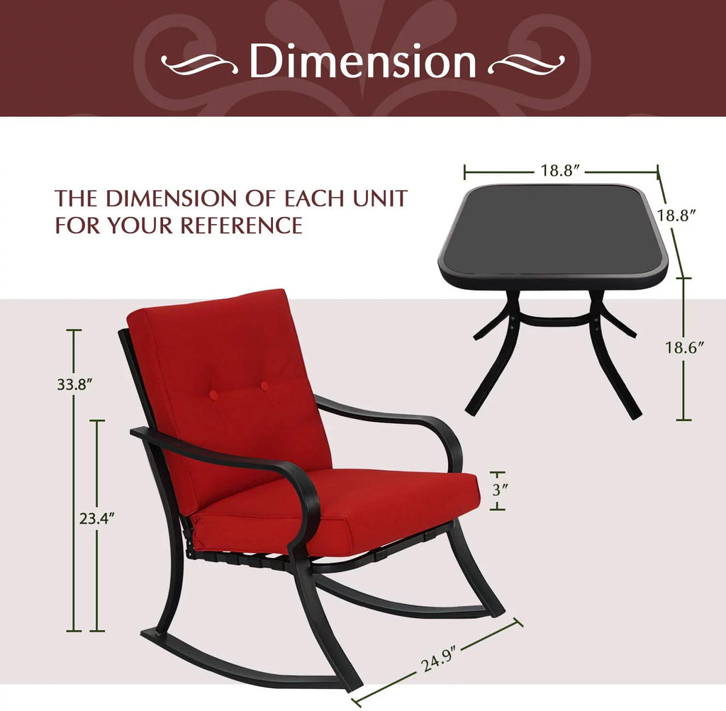 3-Piece Black Metal Rocking Chairs and Table with Brown Cushions U350