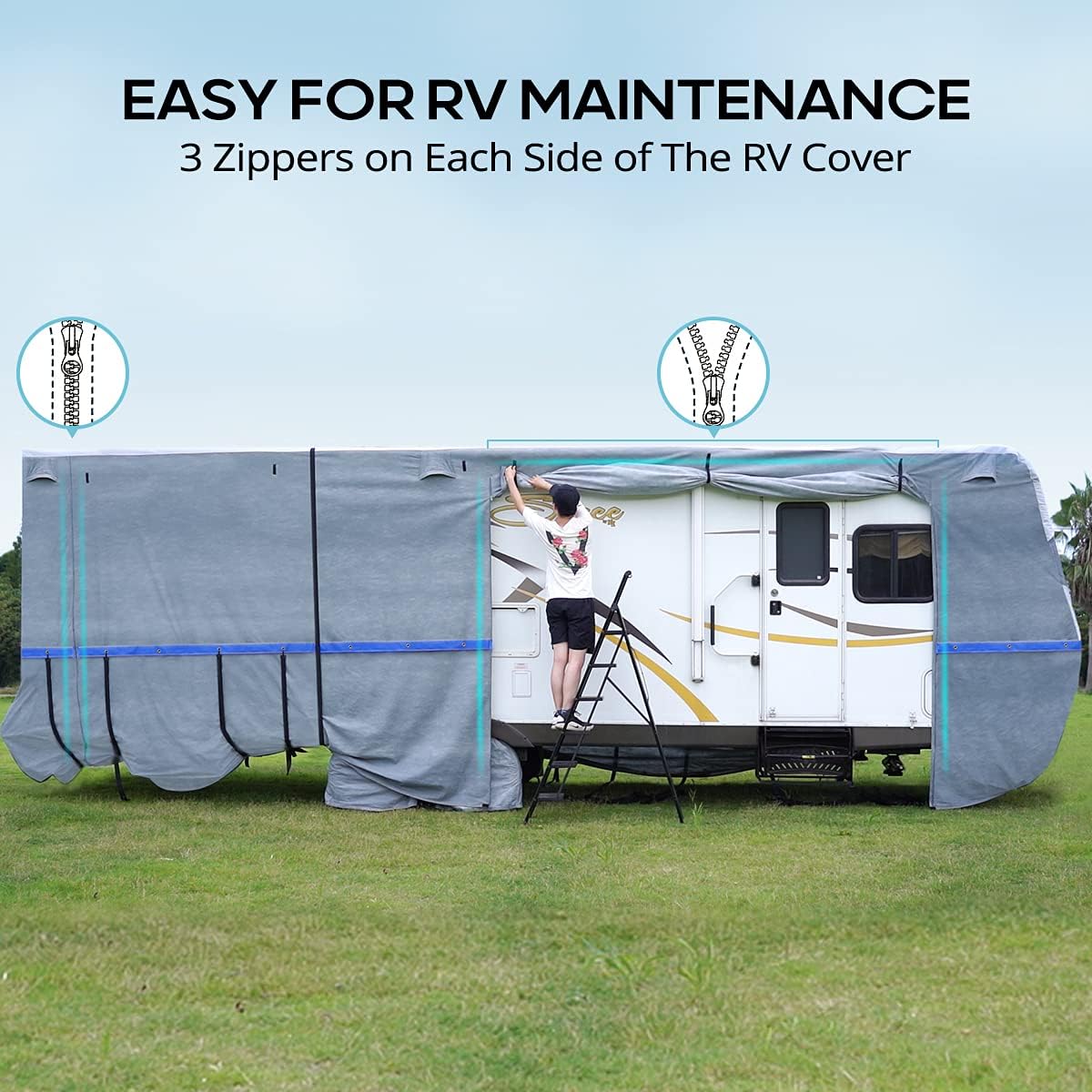 RV Cover, Extra-Thick 6-ply, Fits 29-32Ft Motorhome, Breathable Waterproof Rip-Stop Anti-UV with 2 Windproof Straps, 4 Tire Covers P654