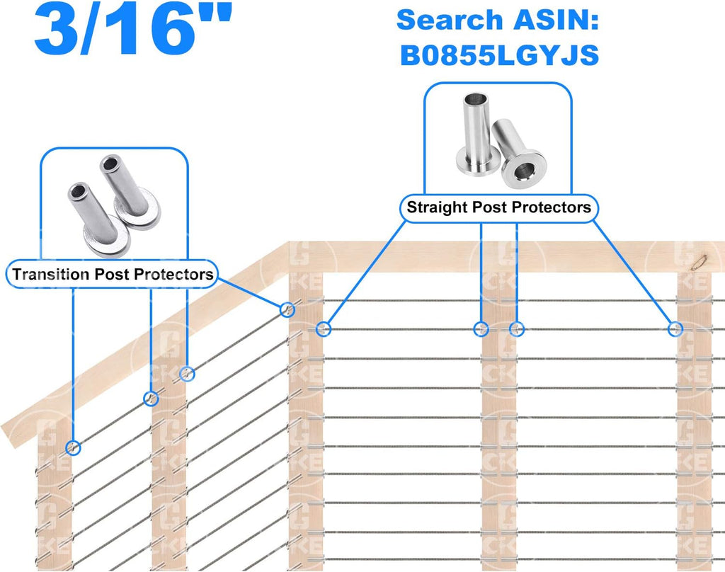 40 Pack 45 Degree T316 Marine Grade Stainless Steel Angle Beveled Protector Sleeves Wood Post Protector for 1/8", 5/32", 3/16" Wire Rope Cable Railing S811