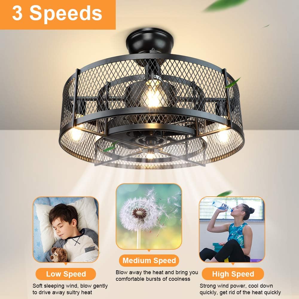 20In Caged Ceiling Fan with Light, 3 Speeds, Remote, Black I663