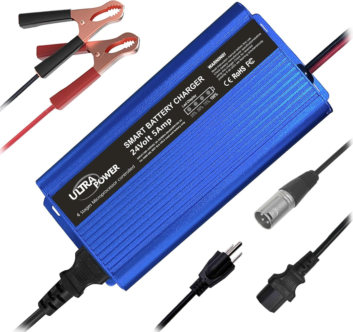 24 Volt 5-Amp Smart Battery Charger Maintainer Desulfator with I/O Switch H122