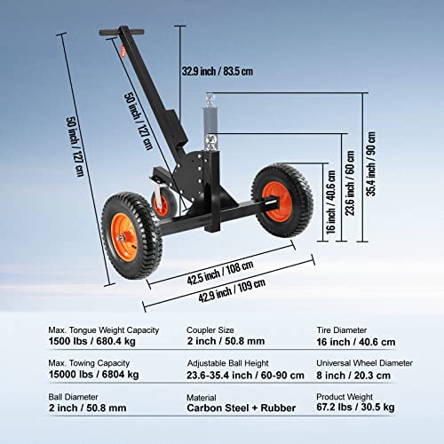 Adjustable Trailer Dolly with 1-7/8'' Hitch Ball & 10'' Solid Tires, 16''-24'' Adjustable Height, 600lbs Tongue Weight Capacity E582227