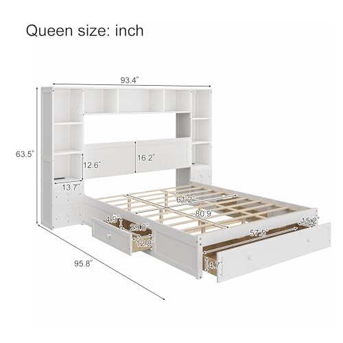 White Full Size Wood Platform Bed with Bookcase Headboard and Drawers B30197