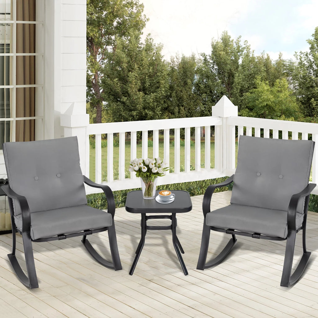 3-Piece Black Metal Rocking Chairs and Table with Brown Cushions U350