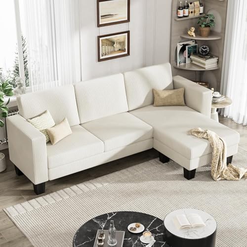 Cream Corduroy L-Shaped Convertible Sectional Sofa 3 Seater E77108