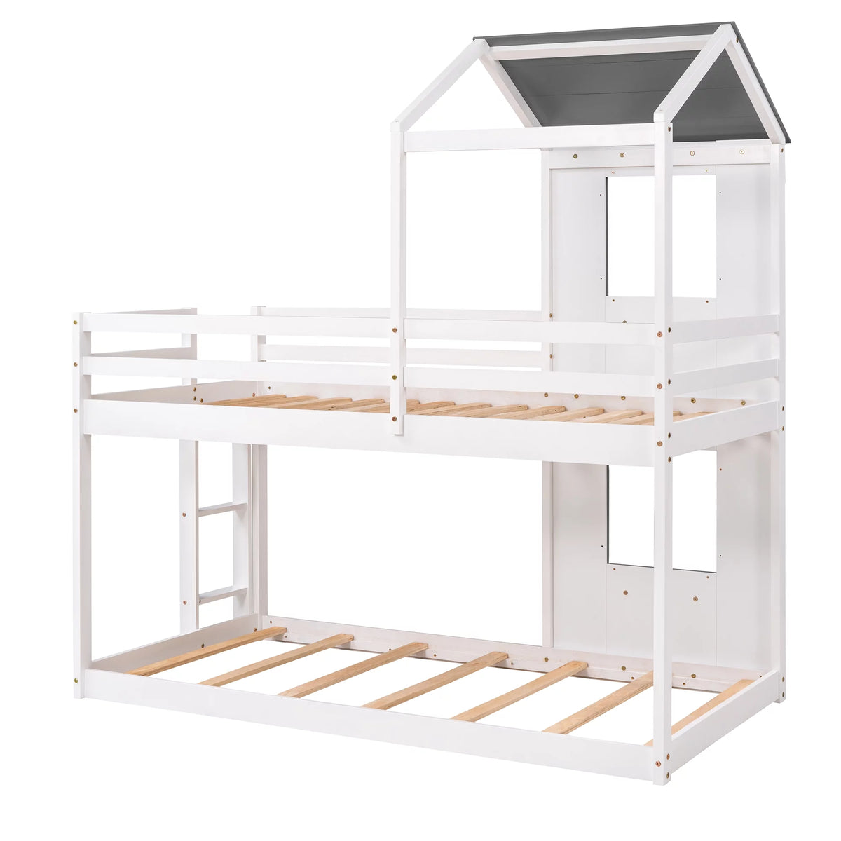 Wood Twin Over Twin Bunk Bed with Roof and Ladder T380311