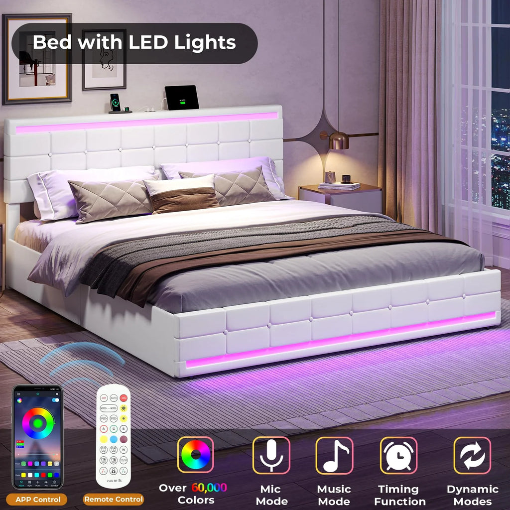 King Bed Frame with Storage Drawers, LED Lights, USB Port, White U83988