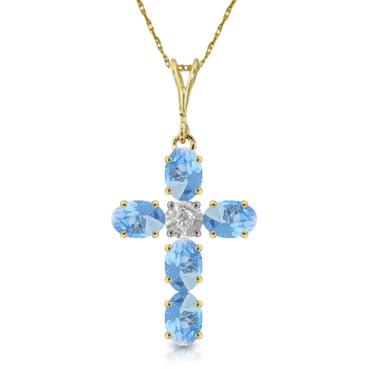14k Solid Gold Necklace with Natural Blue Topaz Cross Pendant R480720