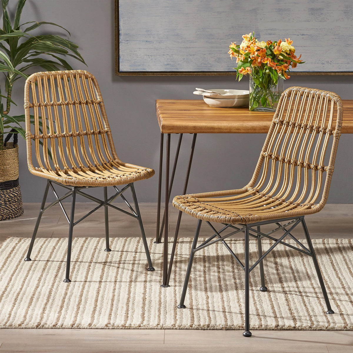 Light Brown Black Wicker Dining Chairs Set of 2 B206719