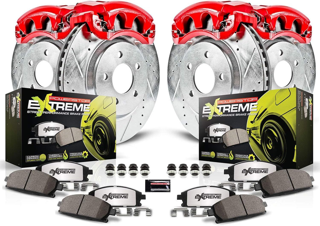 Front and Rear Drilled Slotted Brake Rotors Ceramic Brake Pads Calipers O7393