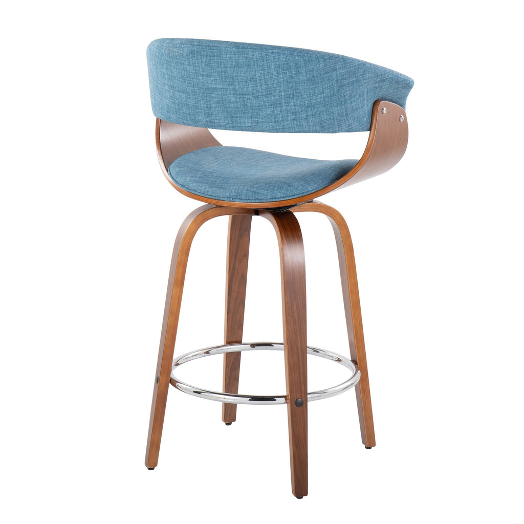 26" Mid-Century Modern Counter Stool with Swivel in Walnut Wood and Blue Fabric with Round Chrome Metal Footrest - Set of 2 Z692