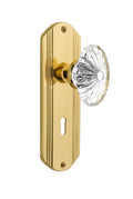 Oval Fluted Crystal Glass Door Knob with Keyhole Privacy Plate, Unlacquered Brass M47076