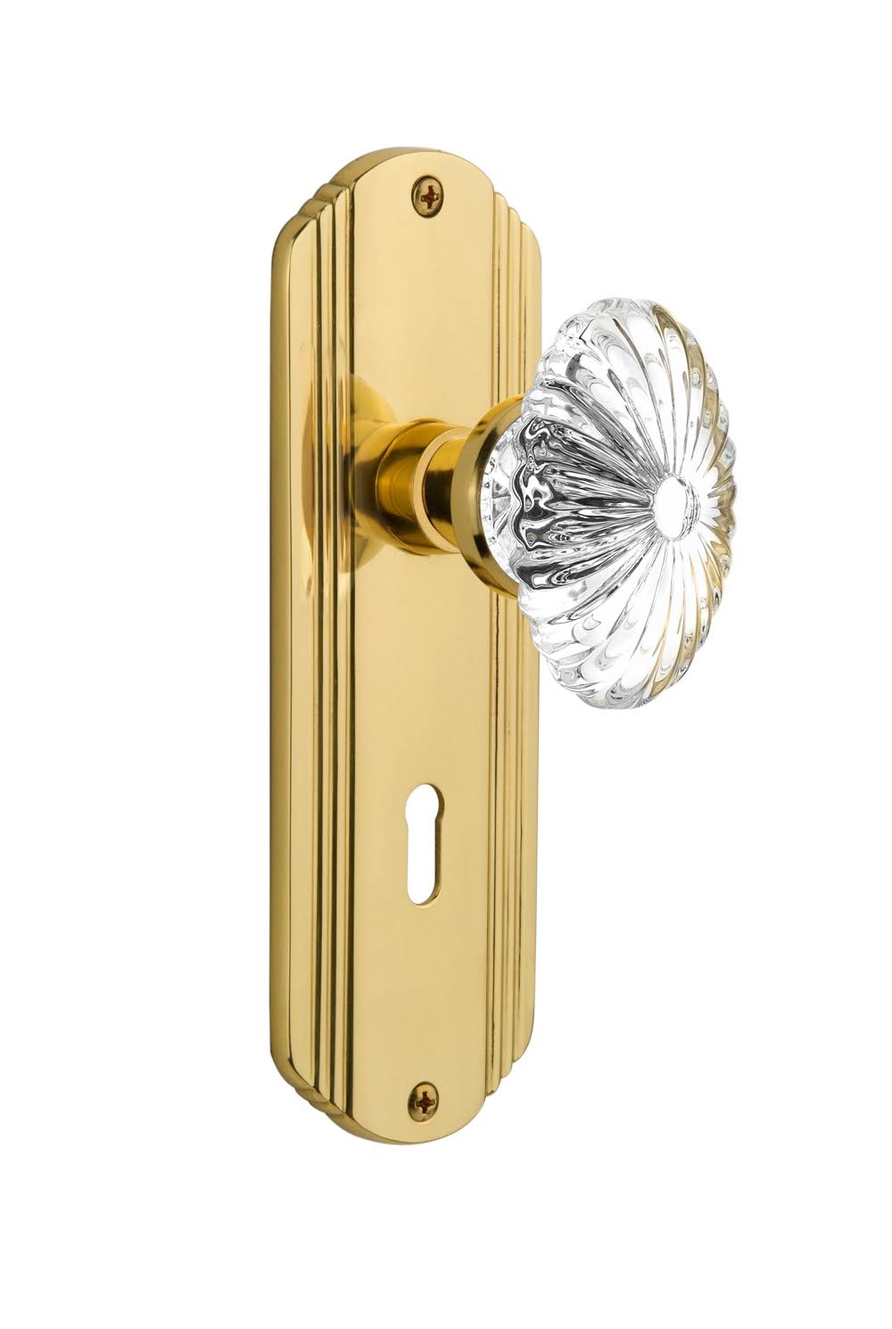 Oval Fluted Crystal Glass Door Knob with Keyhole Privacy Plate, Unlacquered Brass M47076