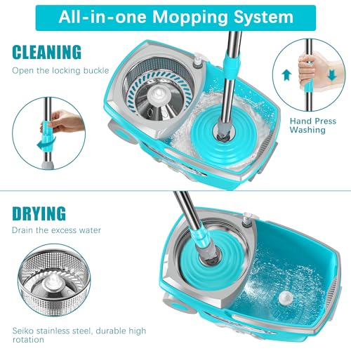 Spin Mop and Bucket with Wringer Set, 4 Microfiber Replacement Head Refills, 61" Extended Handle, Blue C1839