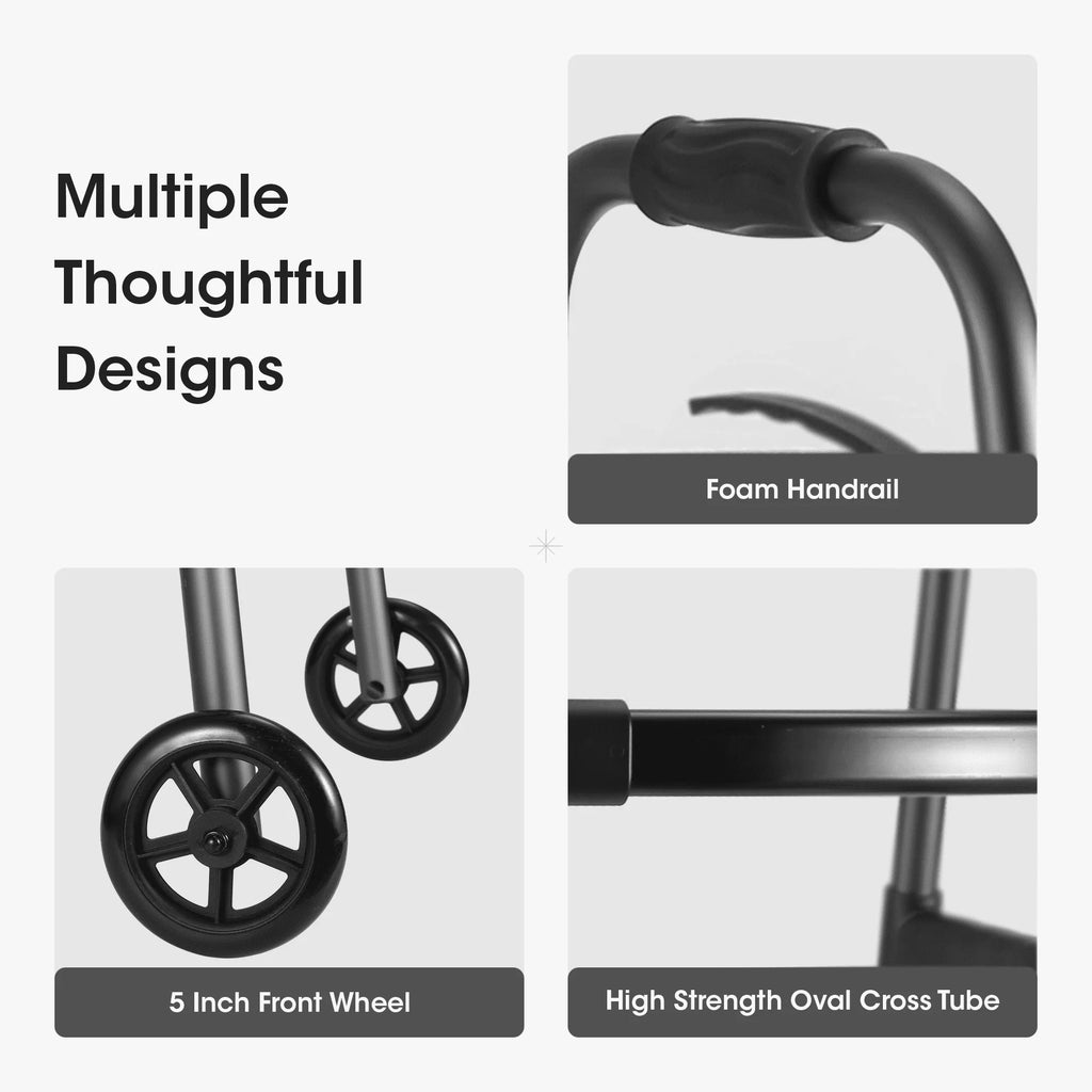 Folding Walker with Wheels, Adjustable Height, 300lbs Weight Capacity, Gunmetal Grey I8362
