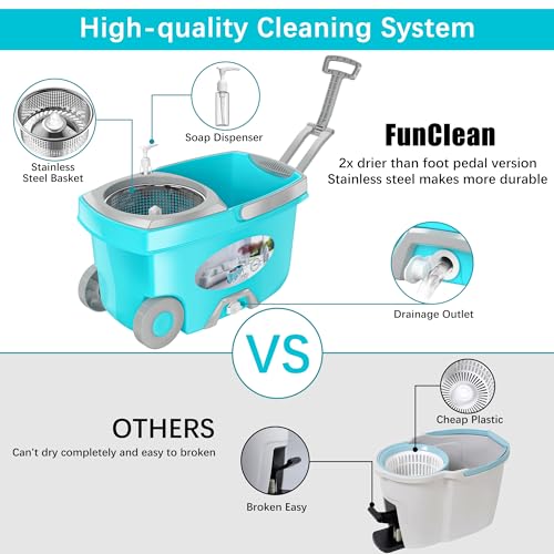 Spin Mop and Bucket with Wringer Set, 4 Microfiber Replacement Head Refills, 61" Extended Handle, Blue C1839
