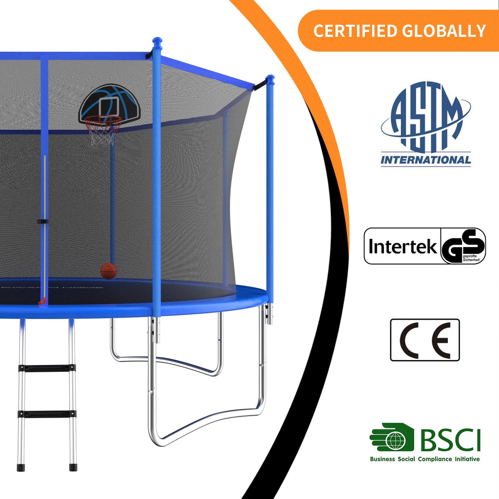 Blue 12FT Outdoor Trampoline with Safety Enclosure and Basketball Hoop W541