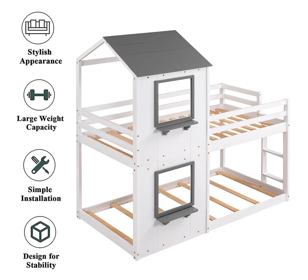 Wood Twin Over Twin Bunk Bed with Roof and Ladder T380311