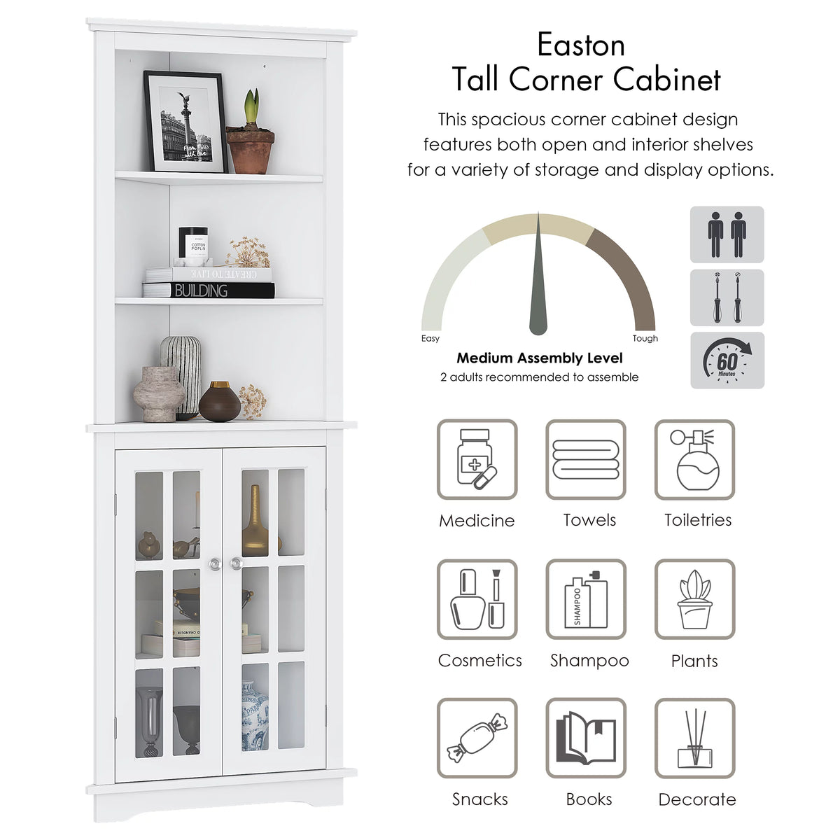 White Tall Corner Storage Cabinet with Glass Doors and Adjustable Shelves X470