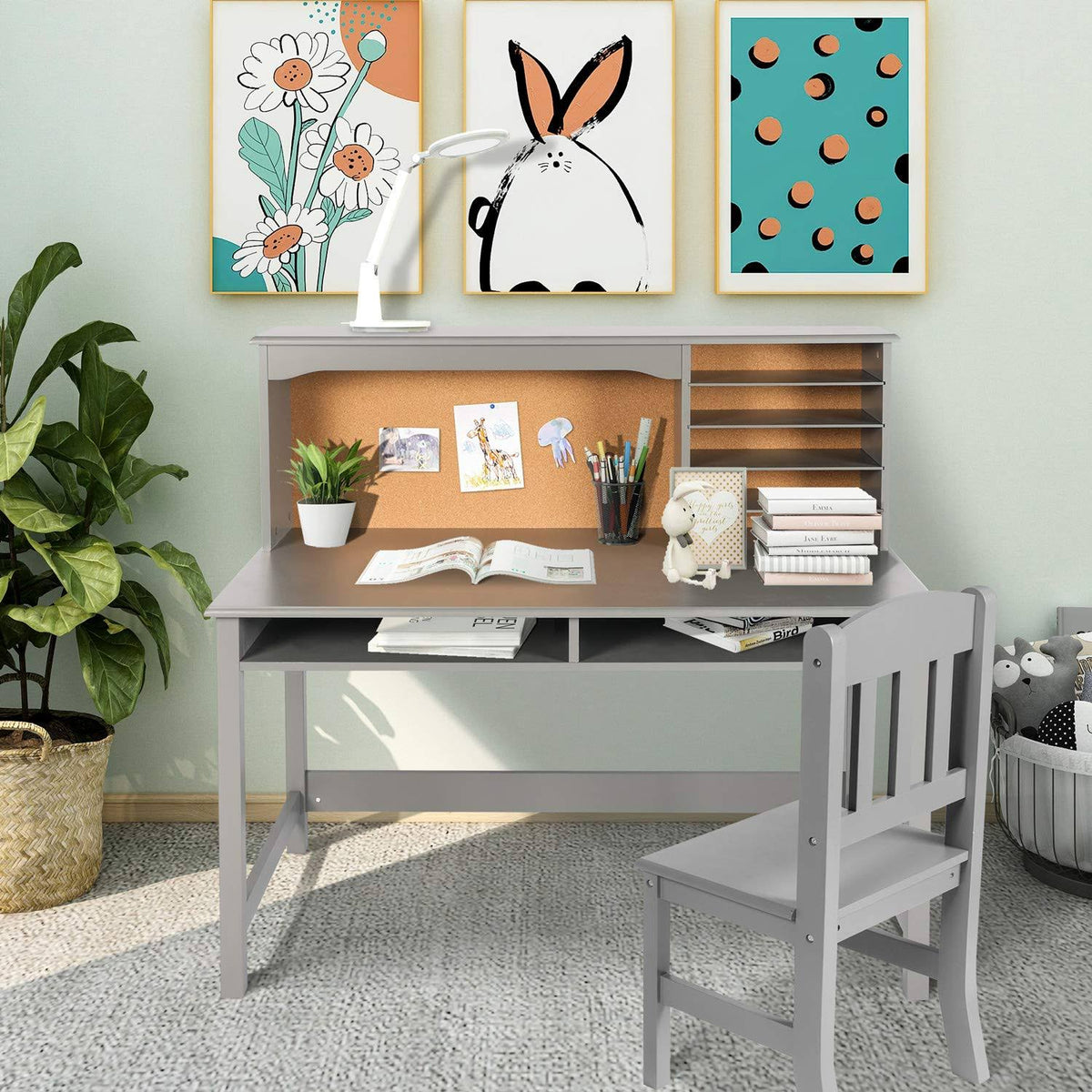 Grey Wooden Children's Desk and Chair Set with Hutch and Storage C740