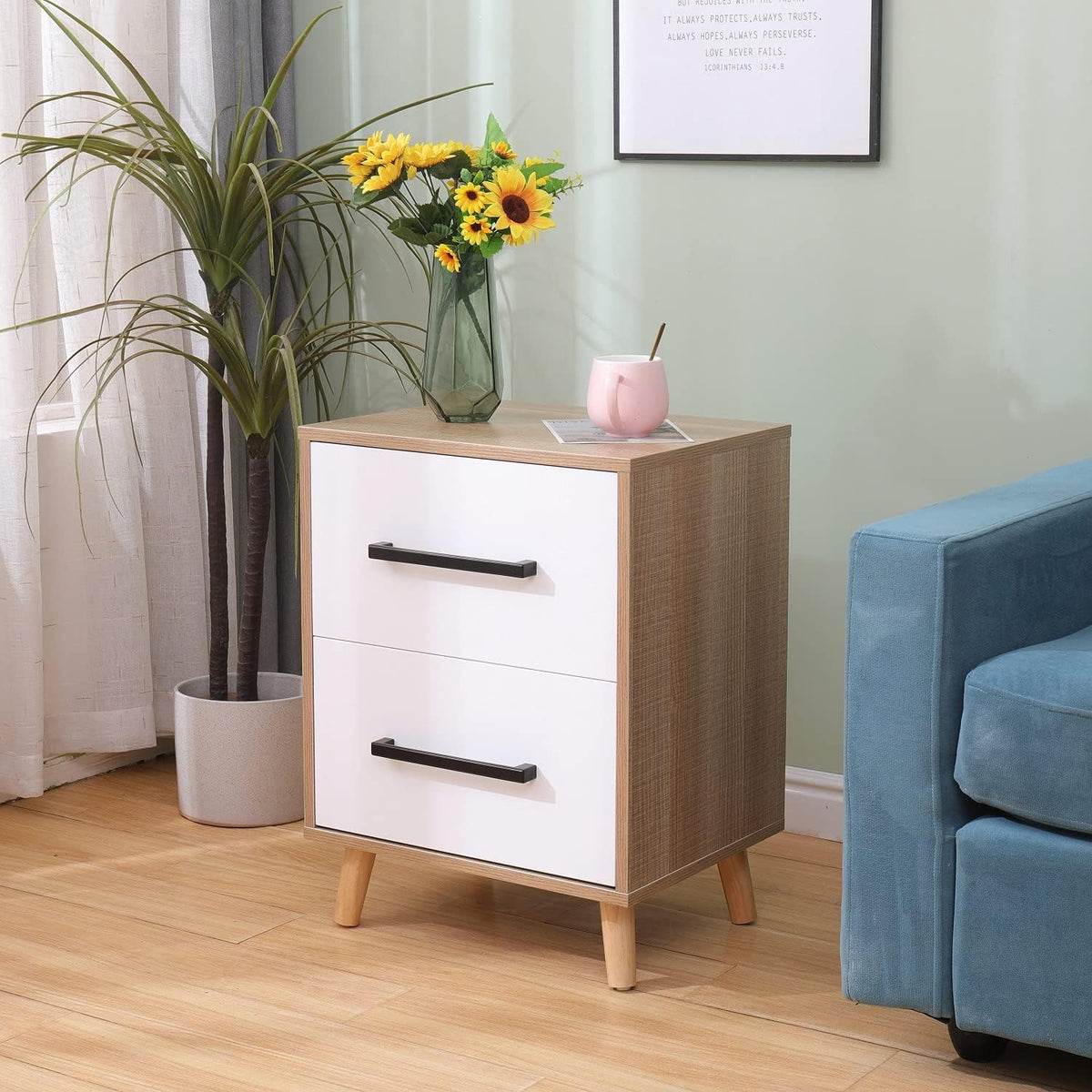 White 2 Drawer Nightstand with Solid Wood Legs M385