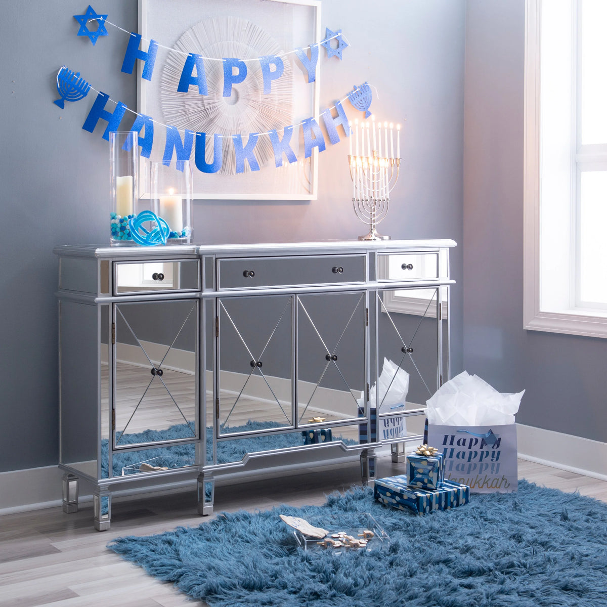 4-Door 3-Drawer Long Console Table with Shelves, Mirrored Surfaces, Silver Wood F497