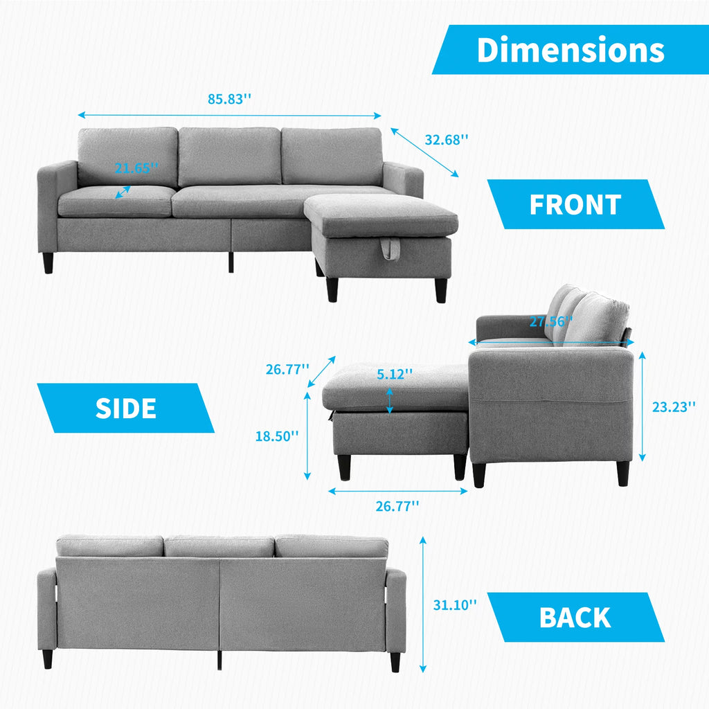 Light Gray L-Shaped Sectional Sofa with Storage Ottoman S1097