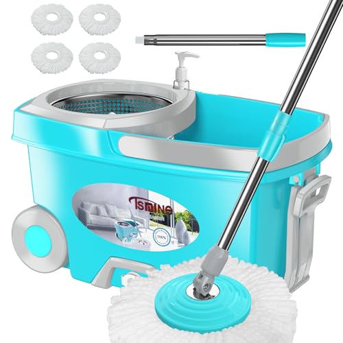 Spin Mop and Bucket with Wringer Set, 4 Microfiber Replacement Head Refills, 61" Extended Handle, Blue C1839